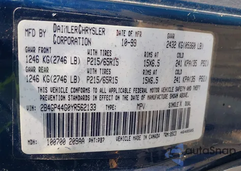 2000 Dodge Grand Caravan Se z USA, uszkodzony, nr VIN 2B4GP44G0YR562133